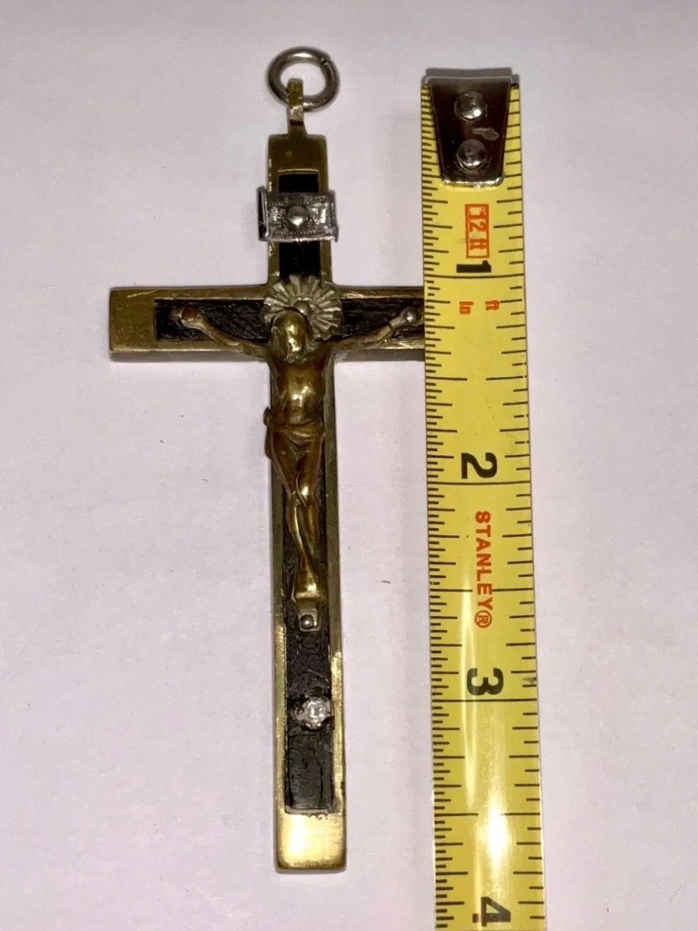 Antique Victorian Pectoral Crucifix Cross Ebony Inlay Memento Mori 3.75”